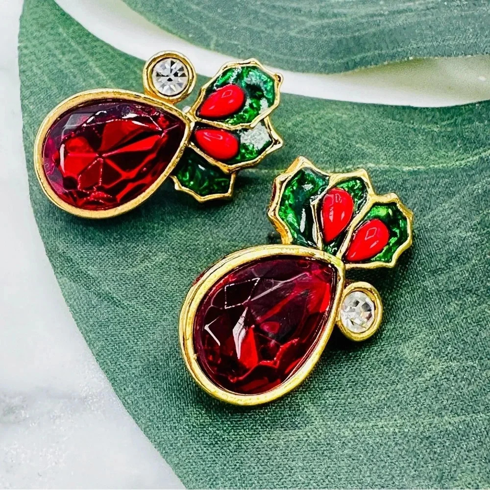 Vintage Avon 80’s Earrings Signed Christmas Holiday Red Jewel Holly Enam…